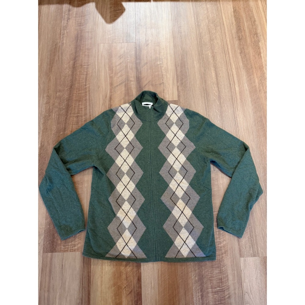 Charter Club Cardigan Women L Green Cashmere Argyle Full Zip Mock Neck Sweater